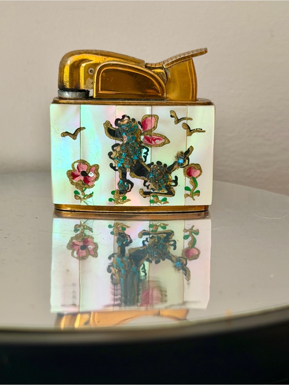 Evans 1950s Brass w Mother of pearl with hand painted Poodle and flowers Rare